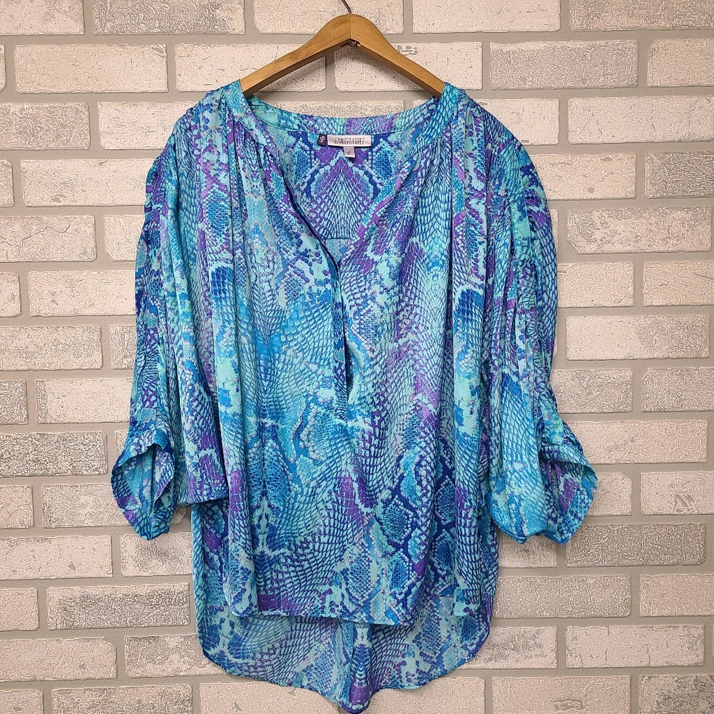 Jennifer Lopez Turquoise Blue & Purple Snake Print Blouse